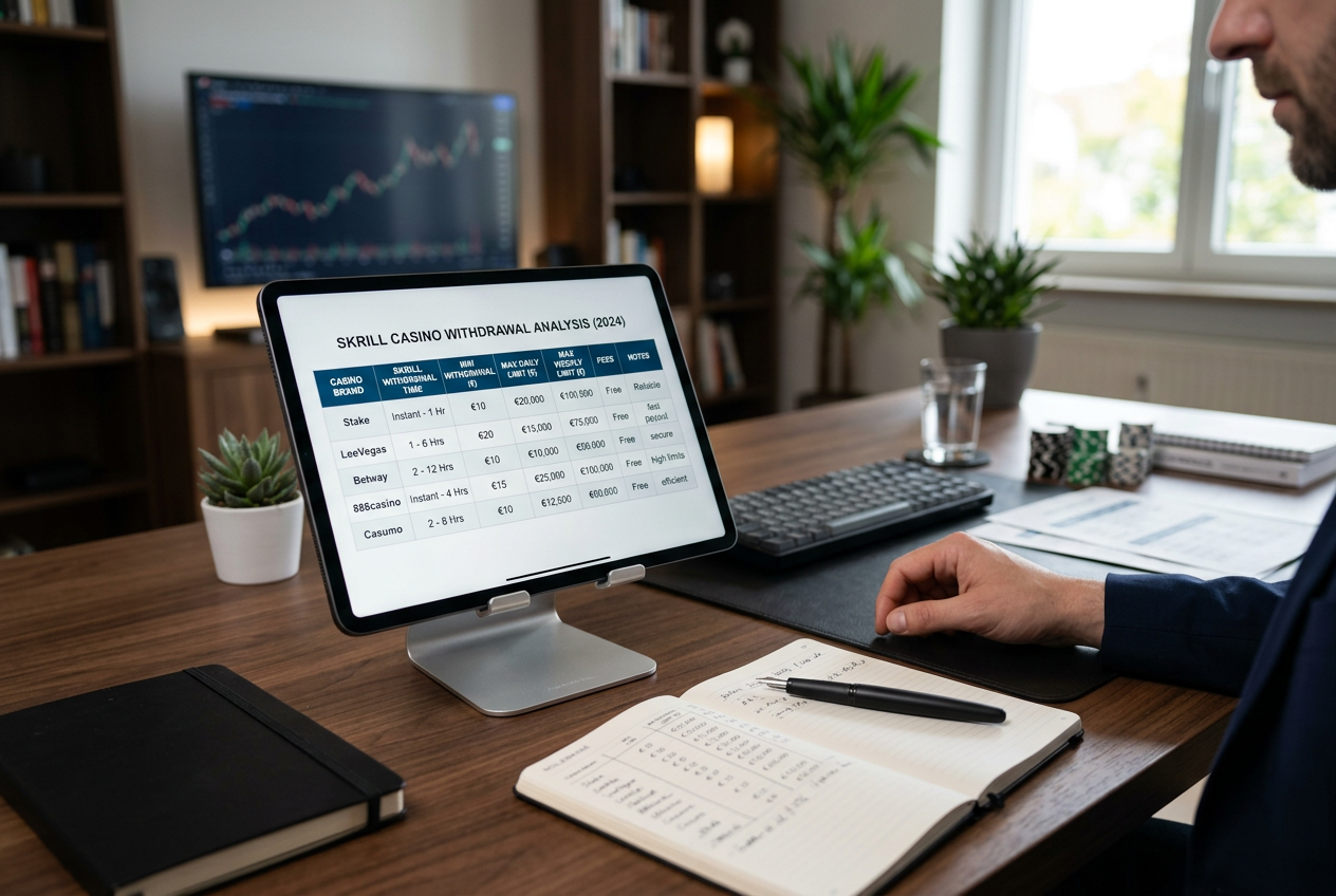 Professional expert analyzing financial tables and Skrill payment charts on a digital tablet