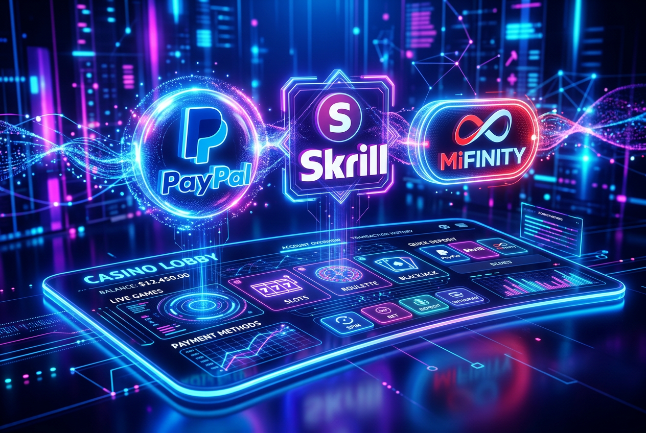 Porównanie logotypów portfeli cyfrowych PayPal, Skrill i MiFinity na nowoczesnym interfejsie płatności