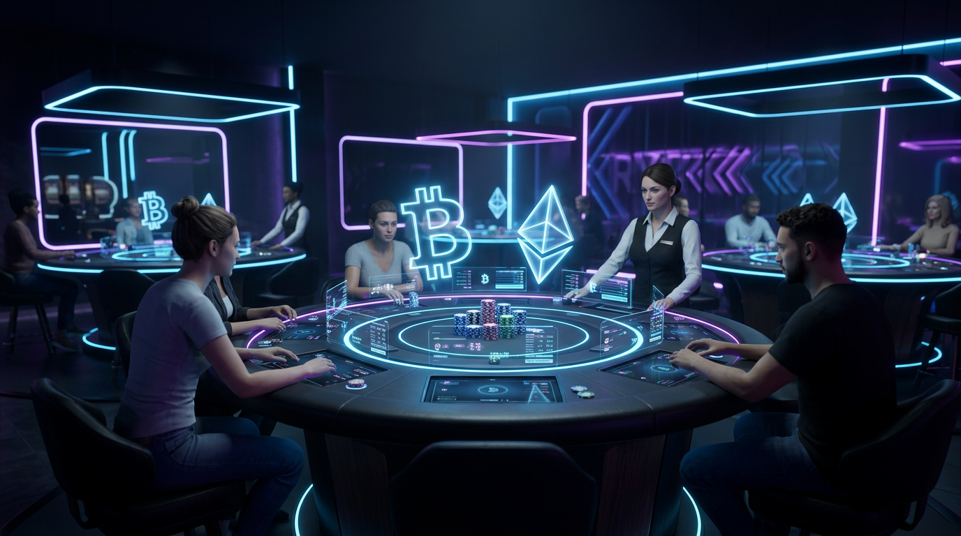 Futurystyczne kasyno krypto z hologramami Bitcoin i Ethereum.