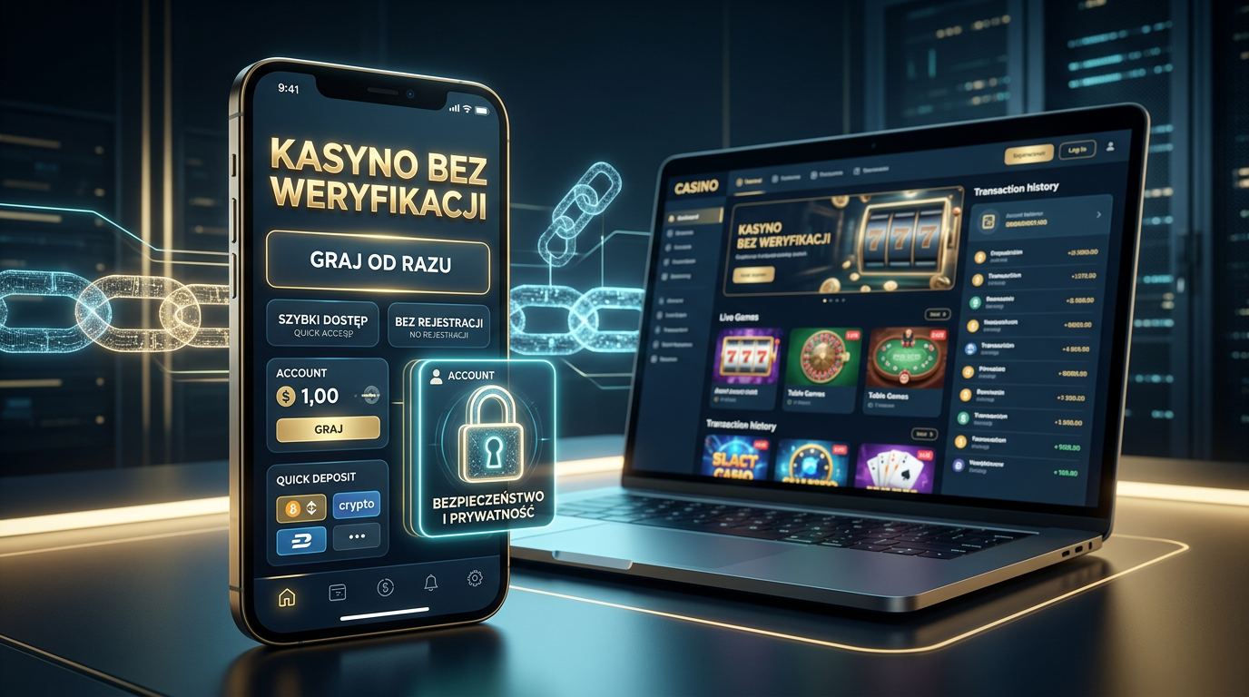 Nowoczesne kasyno bez weryfikacji na telefonie i laptopie z ikonami bezpieczeństwa.