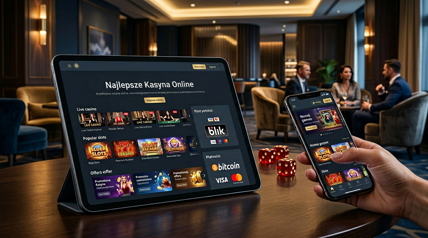 Nowoczesne kasyno online na tablecie i telefonie z symbolami bezpiecznych płatności.
