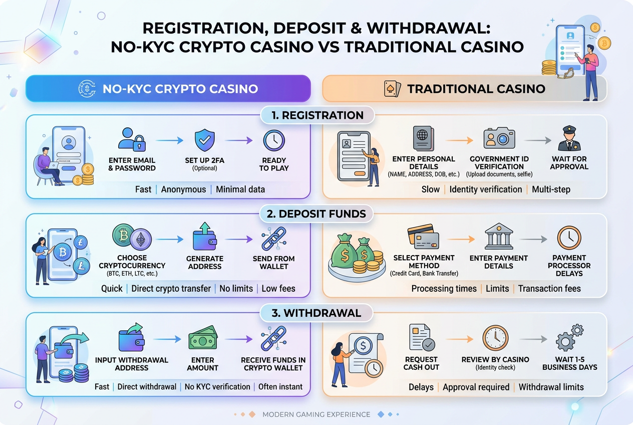 Infografika przedstawiająca proces rejestracji i wpłaty w kasynie bez weryfikacji przy użyciu kryptowalut.