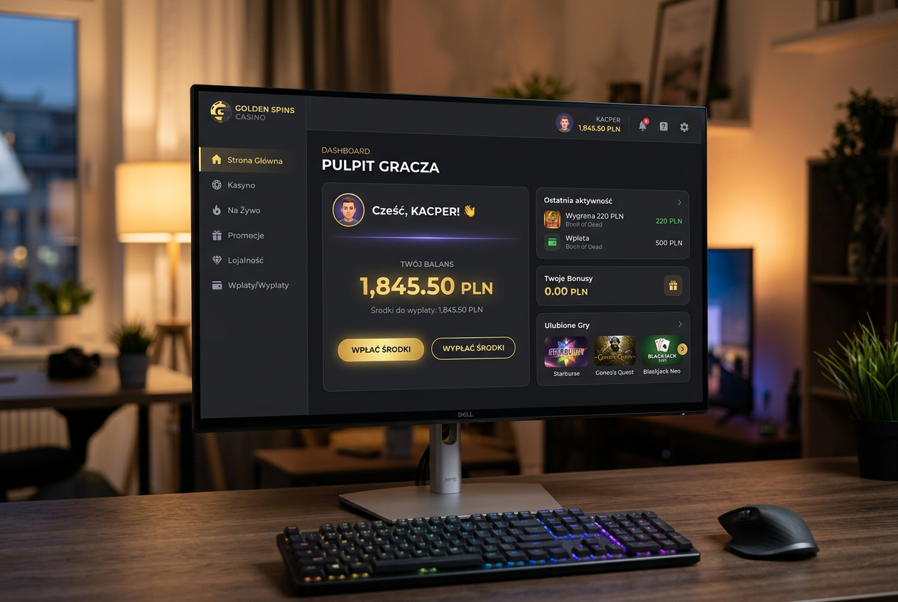 Nowoczesny interfejs kasyna online z podglądem na saldo w PLN i luksusowym designem