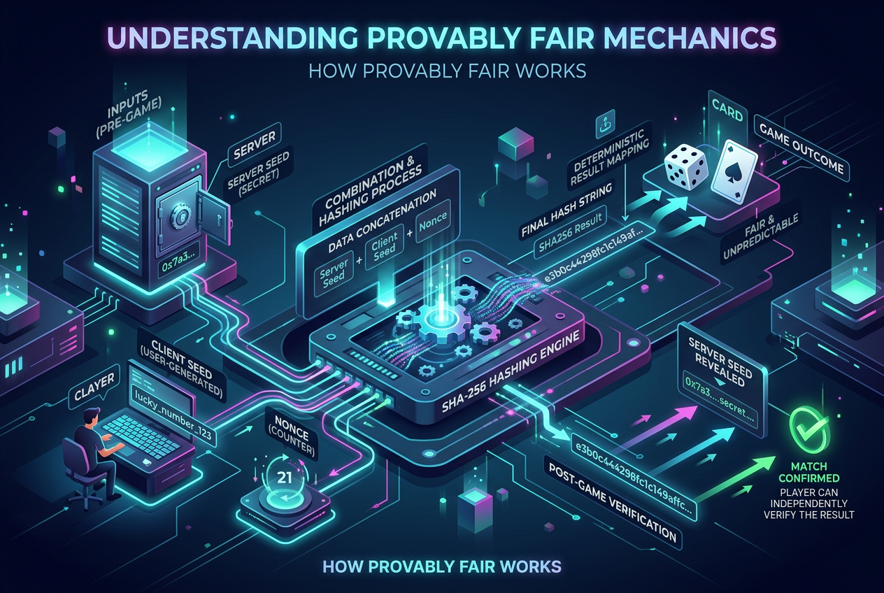 Infographic showing how provably fair works with server seed client seed and hashing process