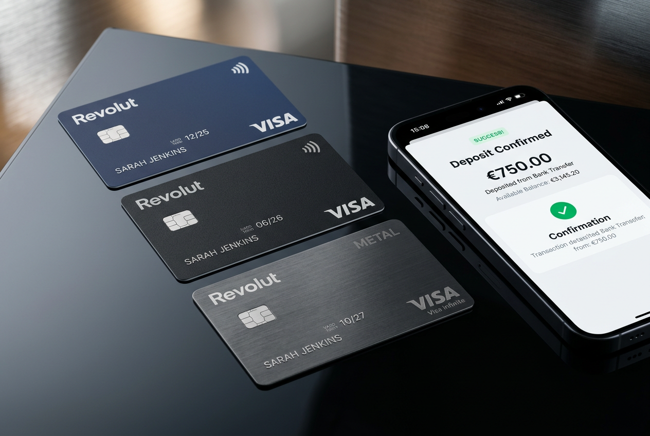 Fizyczne karty Revolut Metal i Premium obok smartfona z aplikacją kasyna