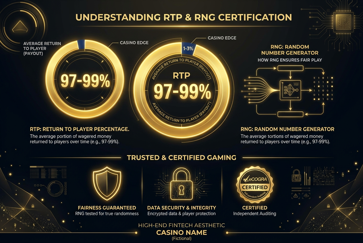 Infografika przedstawiająca mechanizm RTP i certyfikat eCOGRA jako gwarancję uczciwości gier