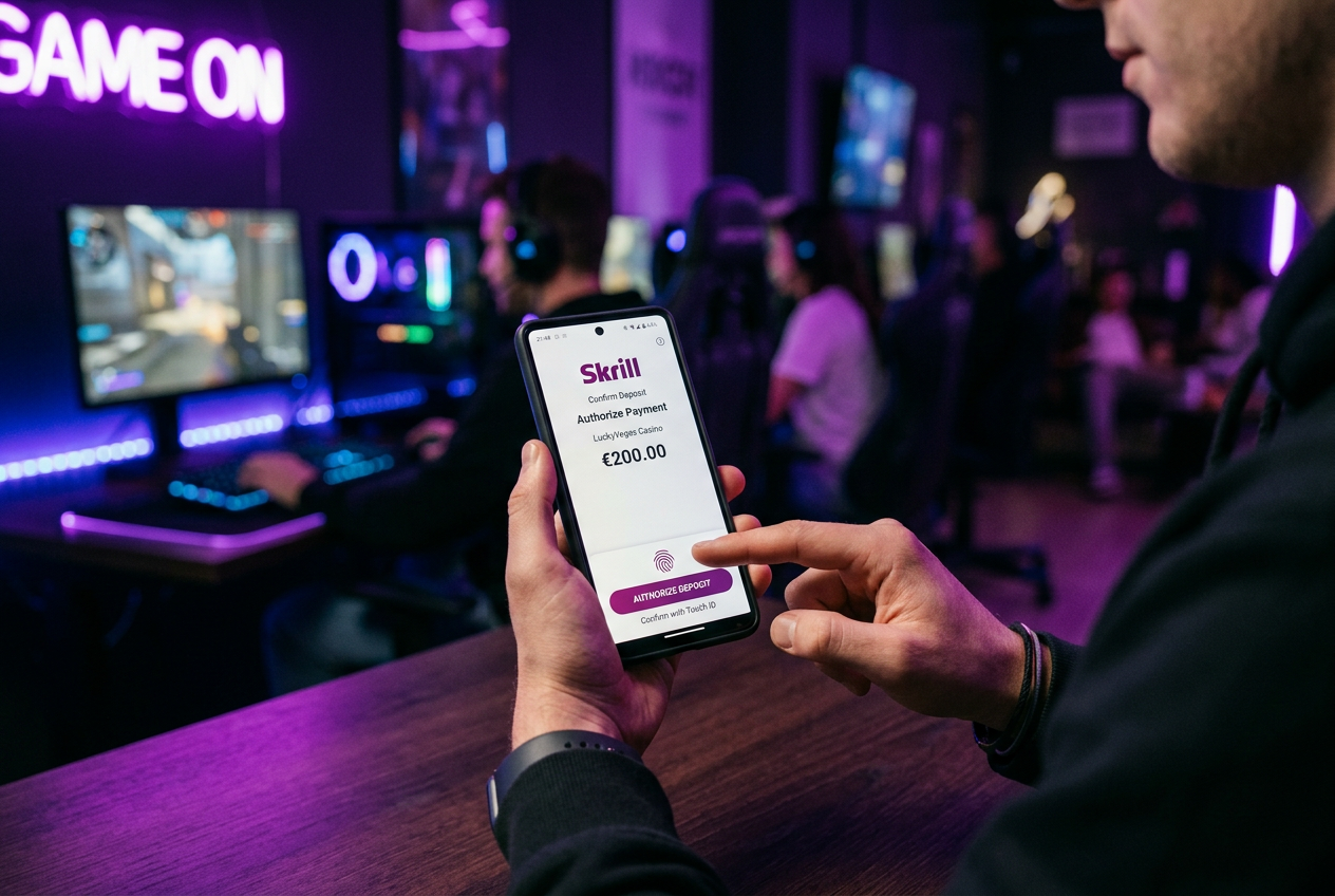 Mobile smartphone screen showing a secure Skrill payment confirmation in an online casino setting